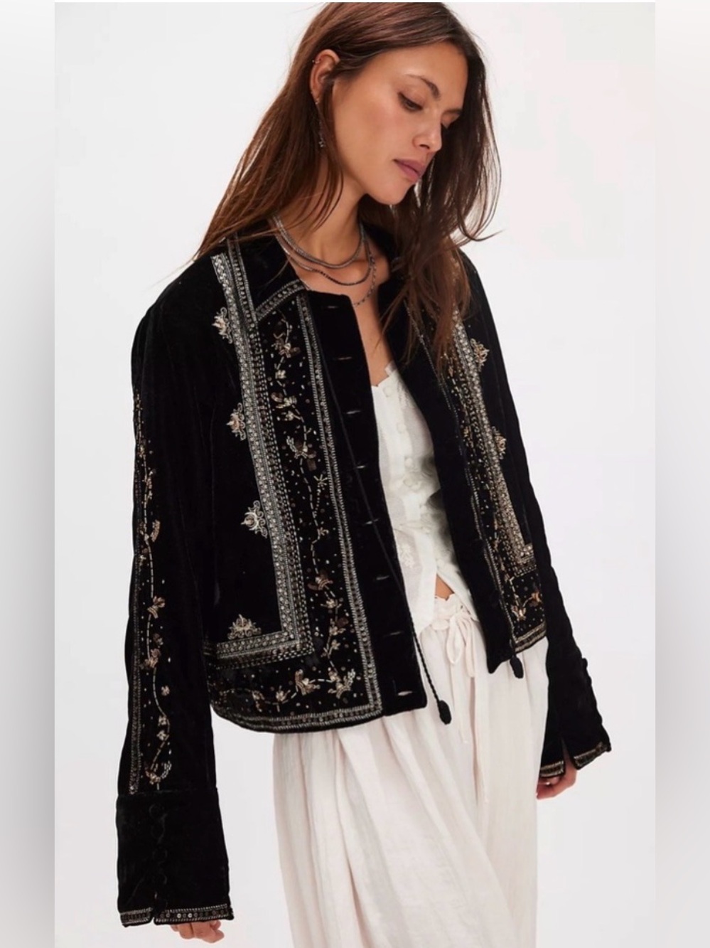 Free People Black Embroidered Velvet Blazer medium and large